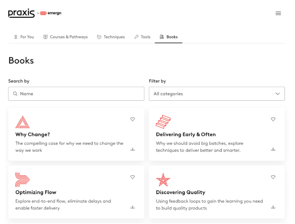 A screenshot from the Praxis by Emergn platform showing some of the Books available including Why Change?, Delivering Early and Often, Optimizing Flow, and Discovering Quality.