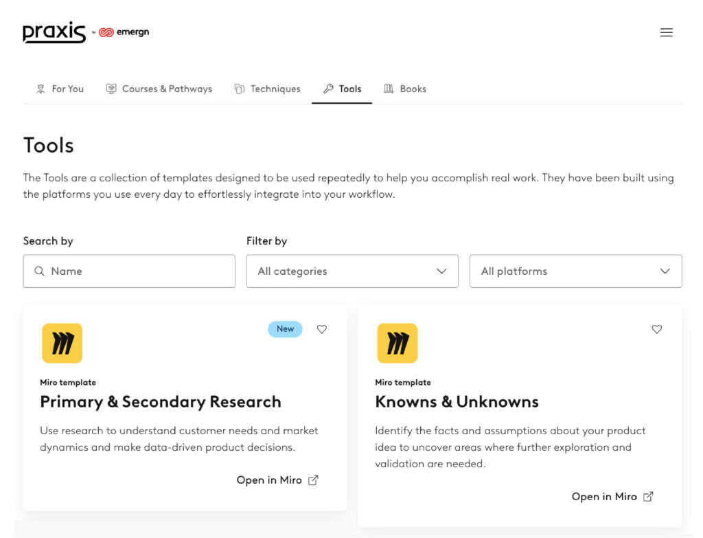 A screenshot from the Praxis by Emergn platform showing some of the Tools available including Primary & Secondary Research and Knowns & Unknowns.